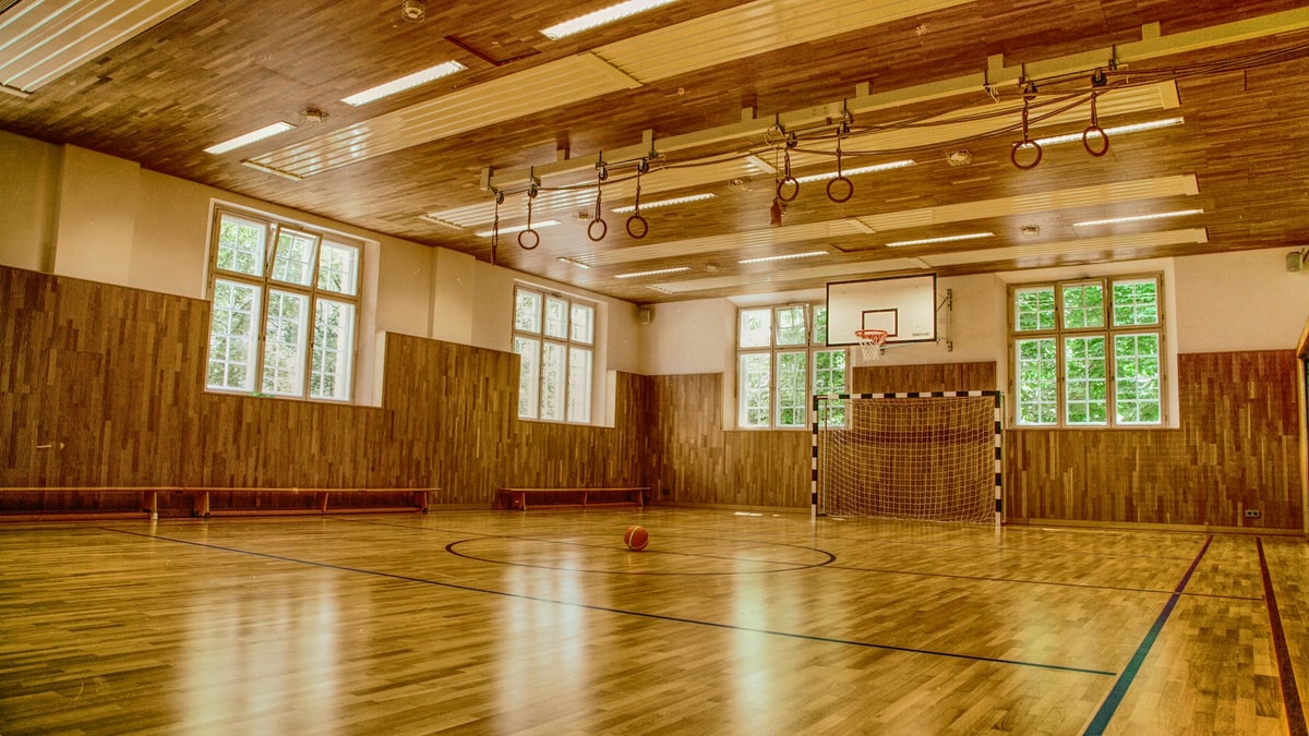 School gym sports equipment ready for student programs.