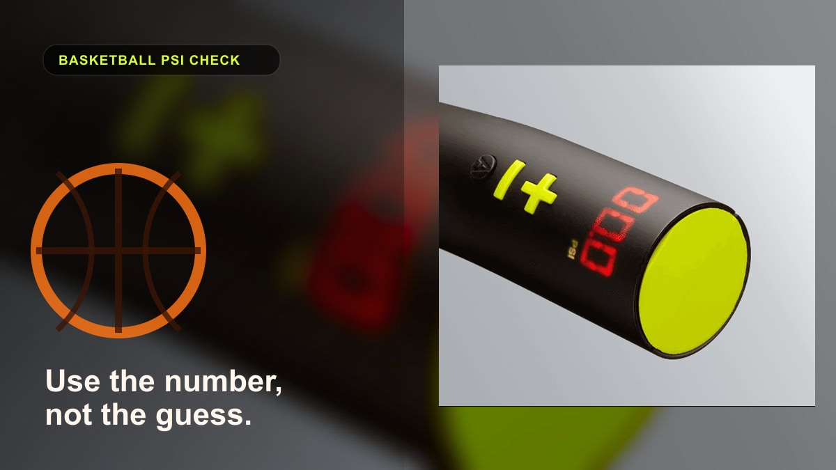 Close-up of the TorrX pressure display beside a basketball-themed pressure graphic.