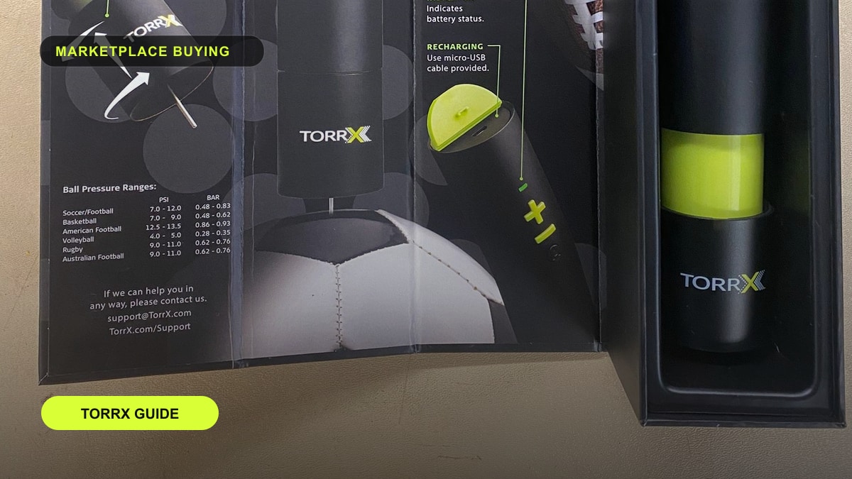 TorrX smart ball pump packaging and product laid out for marketplace buying research.