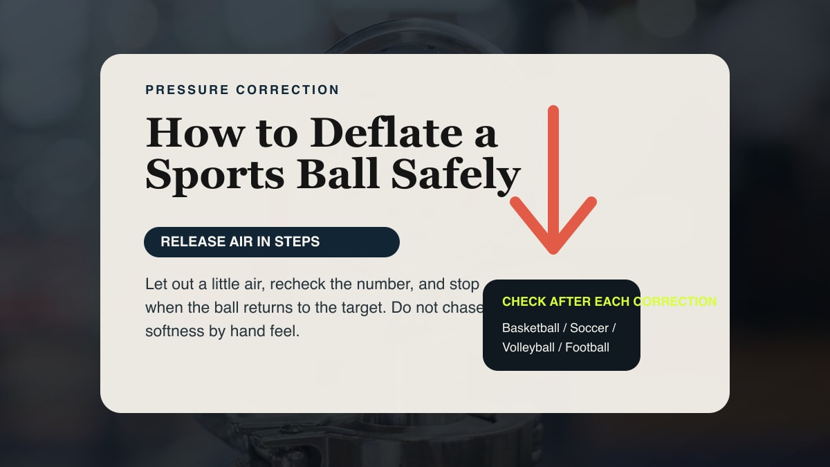 Editorial pressure-correction graphic showing a downward arrow and a reminder to release air in steps.