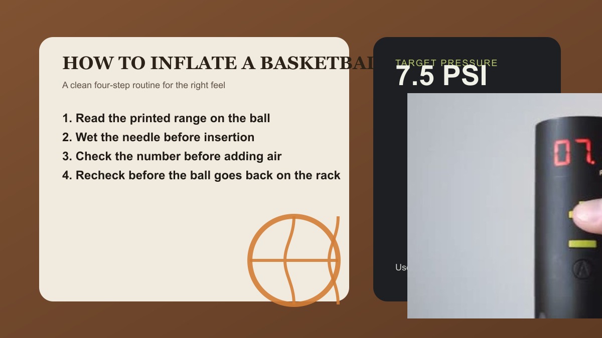 Editorial basketball inflation checklist graphic beside a close-up pressure display.