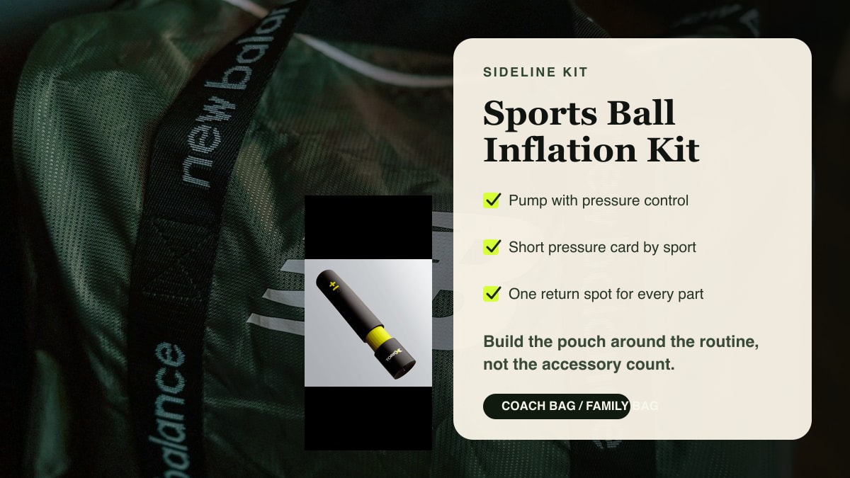 Packed sports bag beside a checklist panel showing the core items in a sports ball inflation kit.