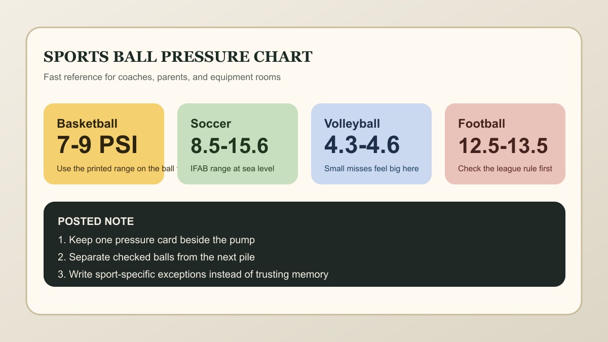 Editorial pressure chart showing quick-reference PSI ranges for basketball, soccer, volleyball, and football.