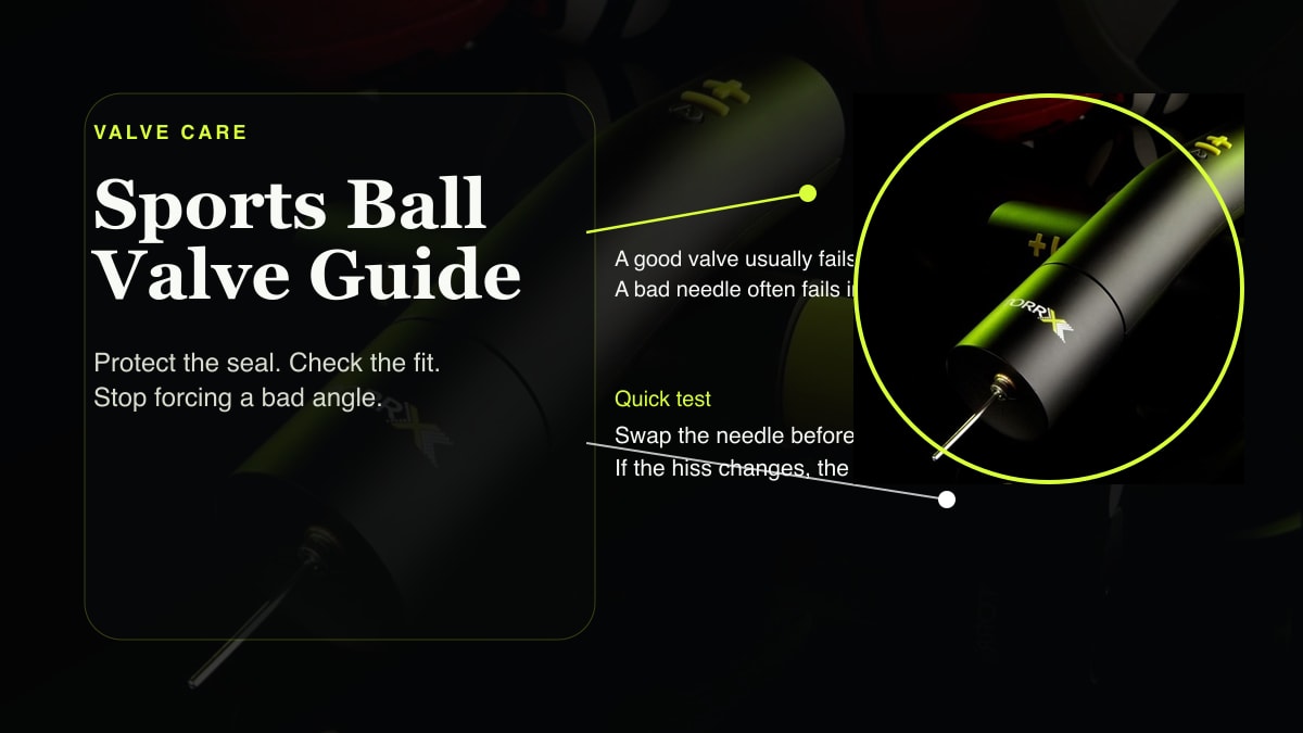 Close-up technical cover showing a sports ball pump needle and a highlighted valve-care callout.